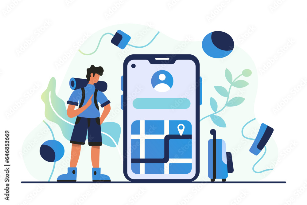 Man with backpack standing near phone, looking at map and ready for travel. Finding route while traveling. Flat vector illustration in blue colors in cartoon style