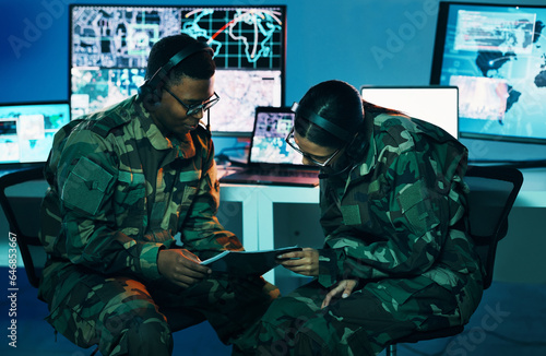 Bild auf Leinwand Military control room, tablet or team monitor CCTV, army database server or online surveillance system