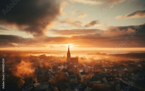 Sunrising on small European town on hillside, covered in mist. Golden hour concept © AllistairBot/Peopleimages - AI