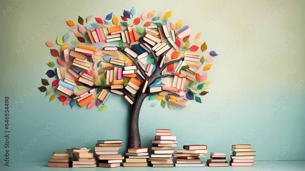 International literacy day concept with tree with books like leaves. - obrazy, fototapety, plakaty 