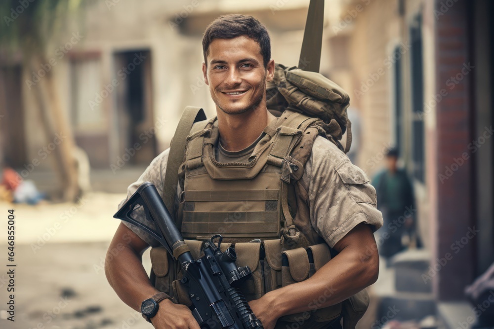 Fototapeta premium Caucasian Male Soldier Backdrop Hard Working Generative AI