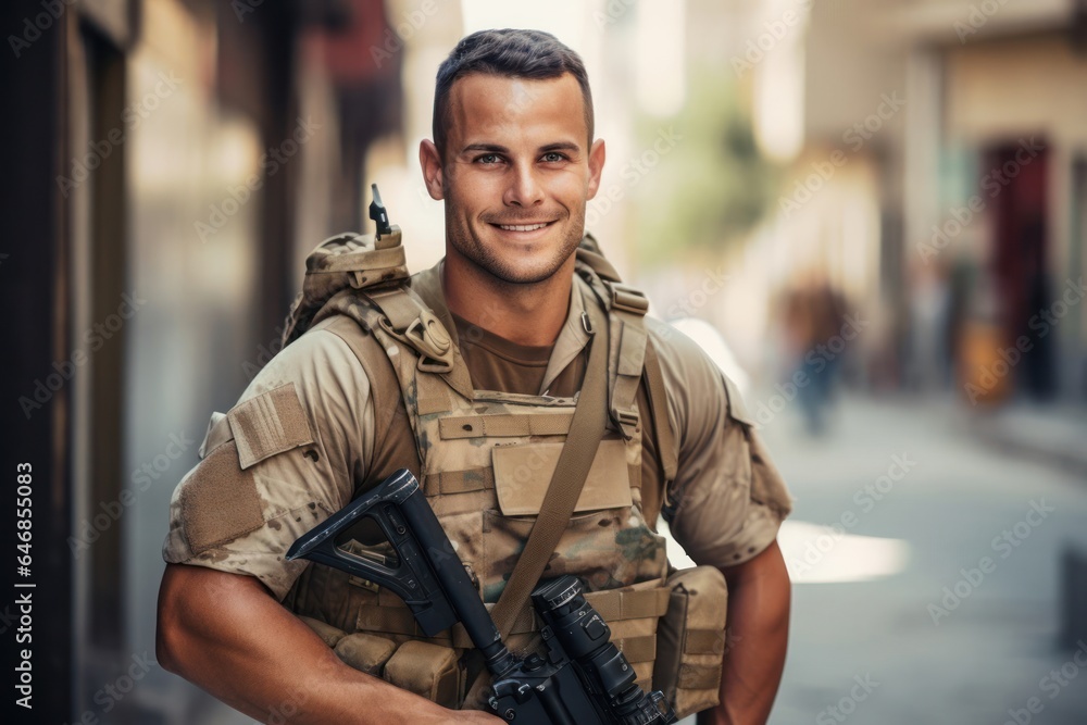 Fototapeta premium Caucasian Man Soldier Backdrop Scene Strong Generative AI