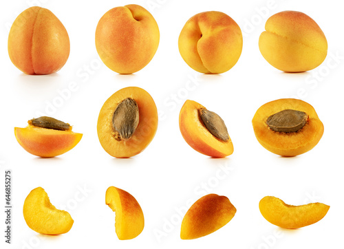 Set of whole, half, quarter apricot fruits isolated on white background. Authentic studio shot collection.