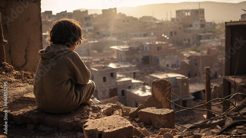 Morocco Shaken: Lonely child looking down to ruined city after earthquake