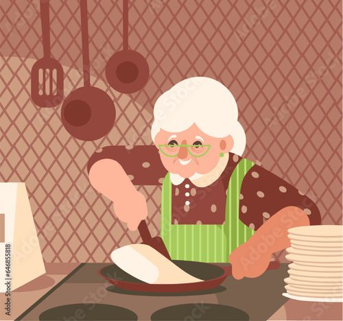 Grandmother cooking on kitchen. Old lady cooking pancakes at home. Older peoples activities and hobby. Flat vector illustration in brown and green colors