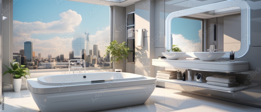 Fototapeta premium Modern futuristic bathroom, sci-fi room looking out to an extraterrestrial landscape.