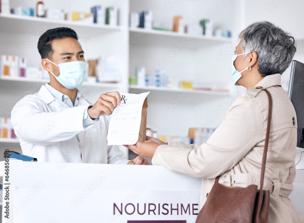 Fototapeta premium Pharmacist, package and customer in face mask for healthcare support, service and virus compliance in store. Medical doctor and sick patient with paper bag, covid medicine and pharmacy or clinic desk