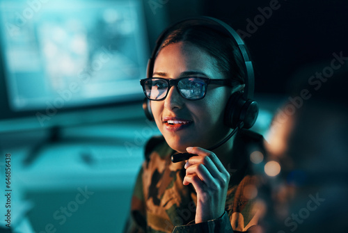 Obraz na płótnie Call center, woman and face with microphone and glasses for information technology, big data or intelligence agency