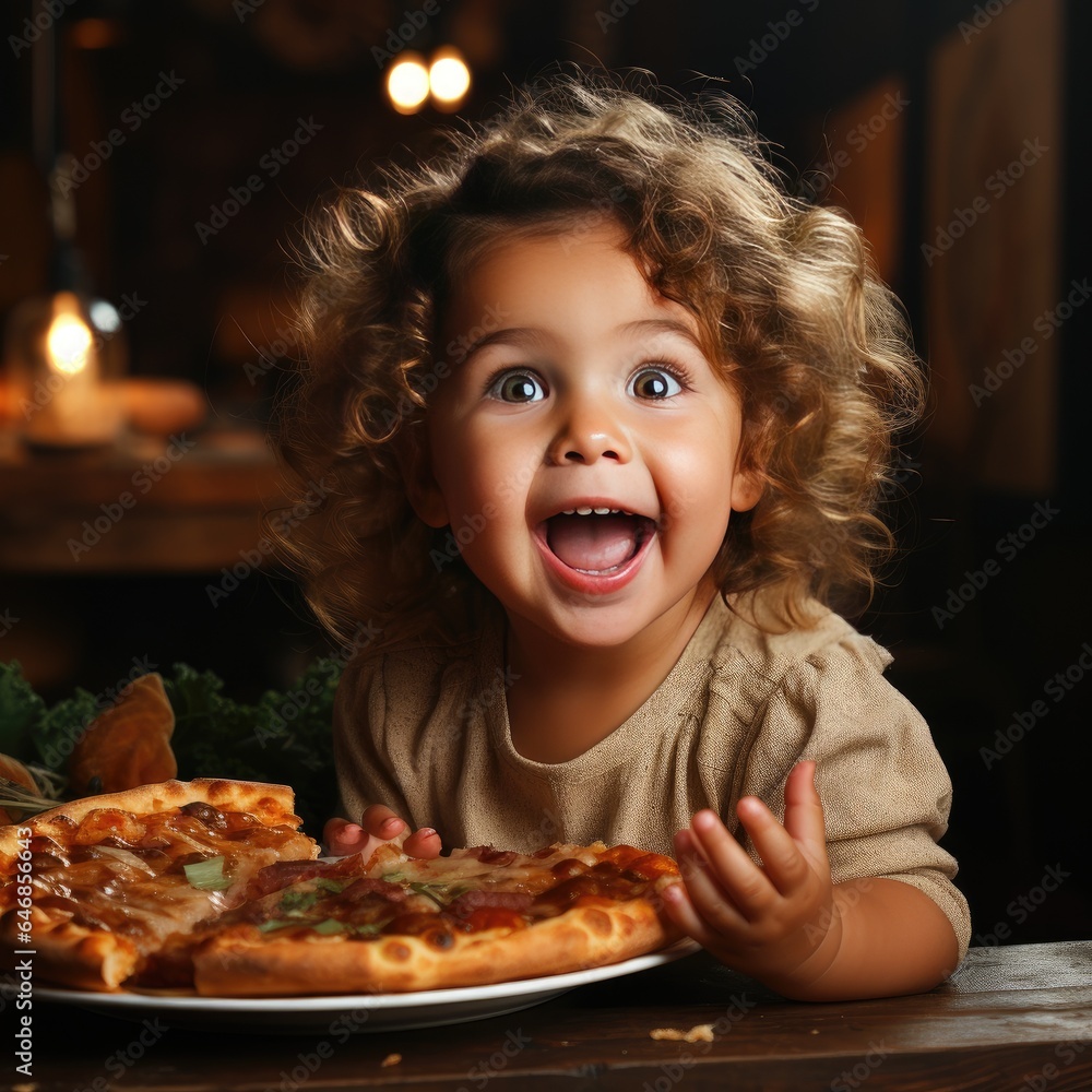 Surprized, happy smiling, laughing blonde curly kid girl at table eats fresh pizza, meal in hands