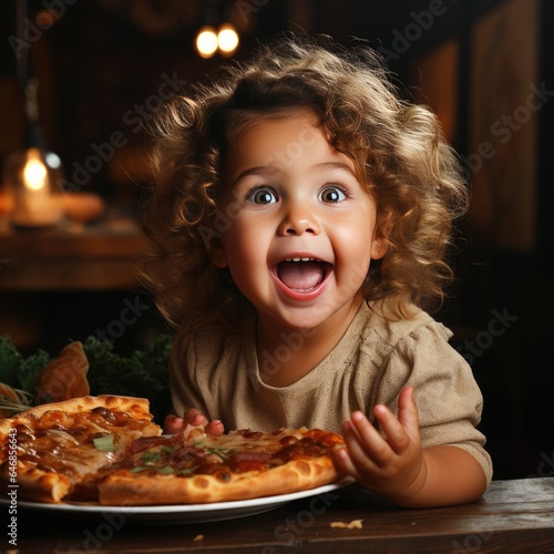 Surprized  happy smiling  laughing blonde curly kid girl at table eats fresh pizza  meal in hands