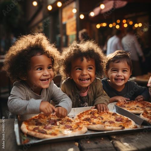 Three happy smiling  laughing kids eats fresh pizza  meal  holding with hands during party on street  city feast outside