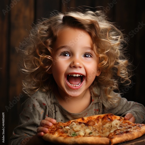 Happy laughing blonde curly kid girl at table eats fresh pizza  meal