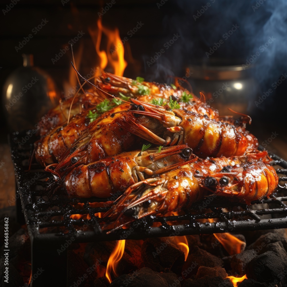 Grilled spicy Prawns Shrimps with lemon and cilantro on dark fire kitchen background Grilled spicy Prawns Shrimps with lemon and cilantro on dark fire kitchen background