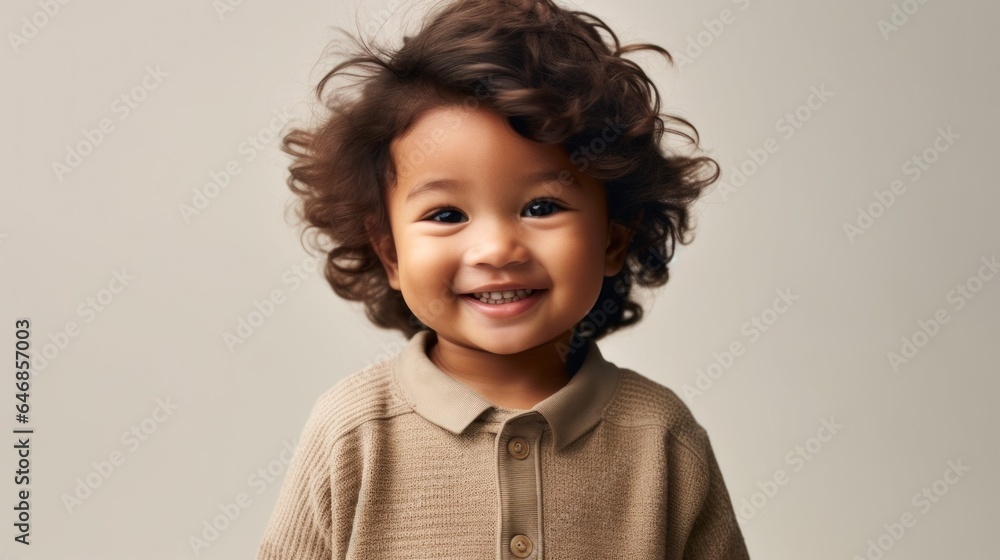 Joyful Asian toddler boy in neutral outfit, smiling brightly in front of a light beige studio backdrop. Generative AI Joyful Asian toddler boy in neutral outfit, smiling brightly in front of a light beige studio backdrop. Generative AI