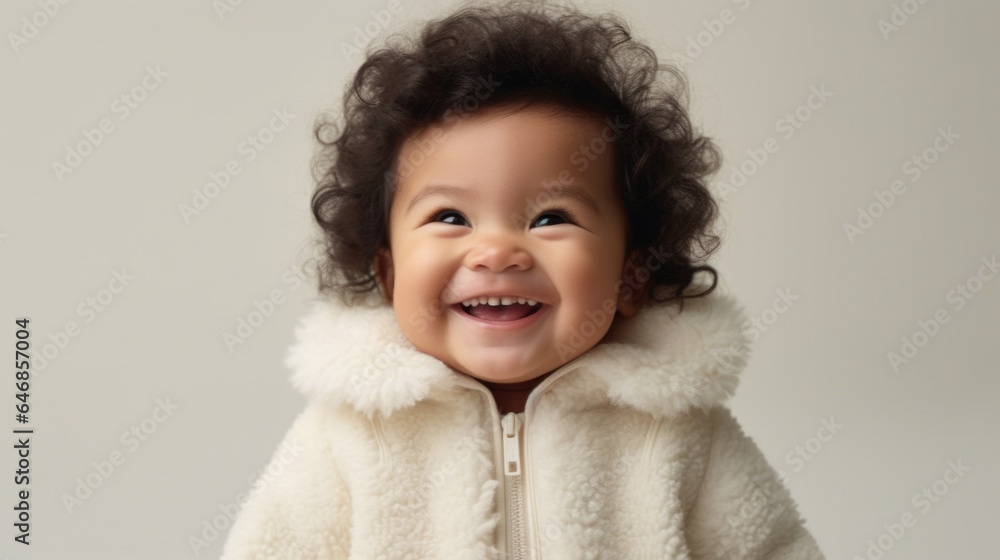 Portrait of a joyous Asian toddler boy, wearing neutral clothing, with a bright smile on a beige studio background. Generative AI Portrait of a joyous Asian toddler boy, wearing neutral clothing, with a bright smile on a beige studio background. Generative AI