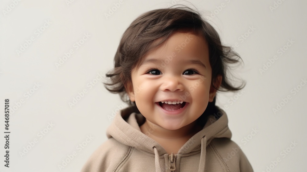 A happy little Asian toddler boy in neutral clothing, wearing a bright smile in a studio with a beige backdrop. Generative AI A happy little Asian toddler boy in neutral clothing, wearing a bright smile in a studio with a beige backdrop. Generative AI