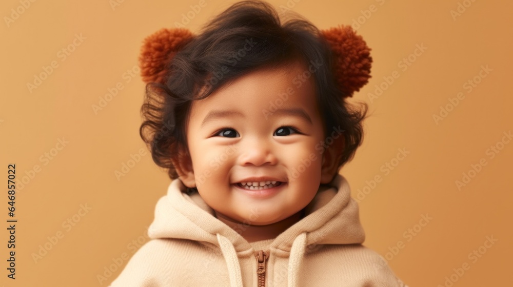 Smiling Asian toddler boy in neutral outfit, posing against a light beige studio backdrop. Generative AI Smiling Asian toddler boy in neutral outfit, posing against a light beige studio backdrop. Generative AI