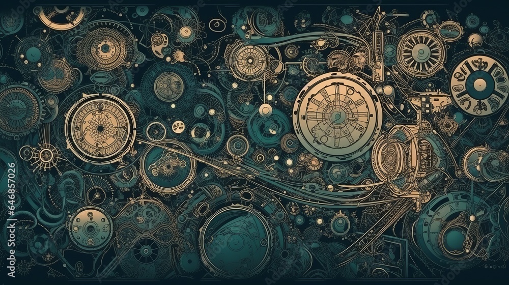 Naklejka premium steampunk, backgrounds, industrial, vintage, retro, gears, machinery, clockwork, Victorian, technology, gears and cogs, mechanical, grunge, steam-powered, fantasy, industrial generative ai