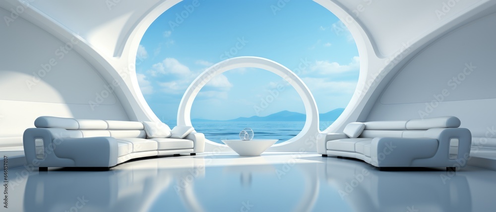 Futuristic white living area with a sleek sofa, providing a tranquil escape with captivating views of a sci-fi realm. Futuristic white living area with a sleek sofa, providing a tranquil escape with captivating views of a sci-fi realm.
