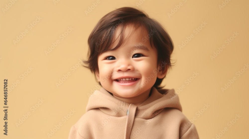 Cute Asian boy in neutral attire, beaming at the camera against a beige studio background. Generative AI Cute Asian boy in neutral attire, beaming at the camera against a beige studio background. Generative AI