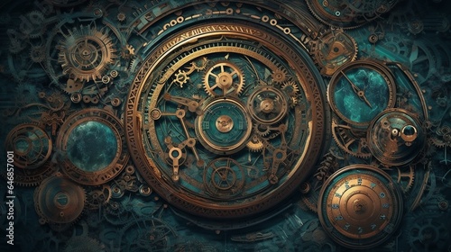 steampunk, backgrounds, industrial, vintage, retro, gears, machinery, clockwork, Victorian, technology, gears and cogs, mechanical, grunge, steam-powered, fantasy, industrial generative ai © Евгений Васильевич