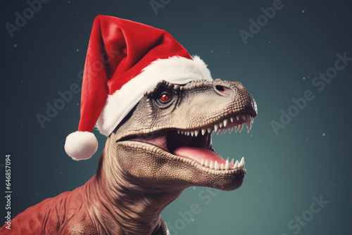 A festive Christmas dinosaur wearing a Santa hat © ink drop
