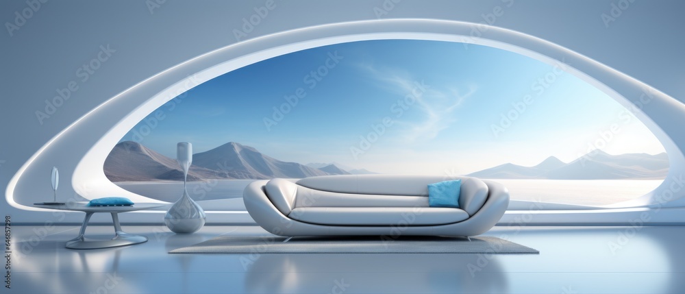 Big white sofa in Futuristic white Living room. Empty space. Sci-fi room looking out to an landscape.