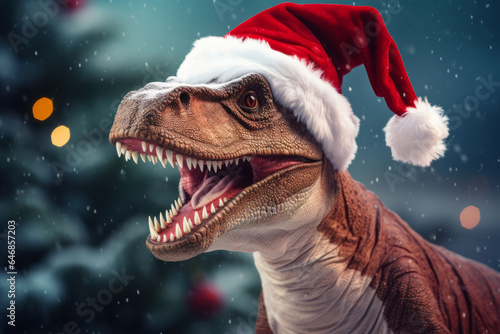A festive Christmas dinosaur wearing a Santa hat © ink drop