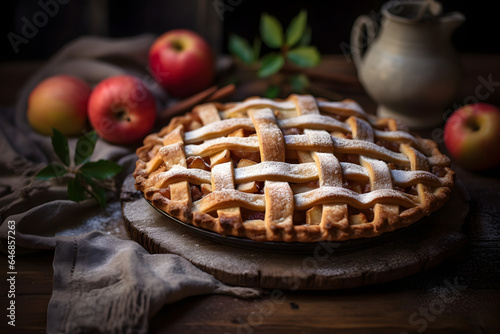 A rustic apple pie with a lattice crust on a wooden table