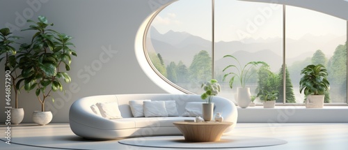 Fototapeta Naklejka Na Ścianę i Meble -  Step into the future with this all-white living room, a spacious sofa, sci-fi vibes, and vibrant house plants to breathe life into the space.