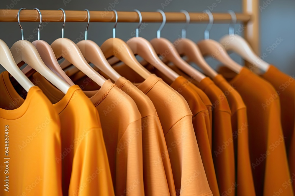 Fototapeta premium Plain new teal sweatshirts on hangers clothing store. Sale, shopping . Casual clothes for autumn season. Close up.