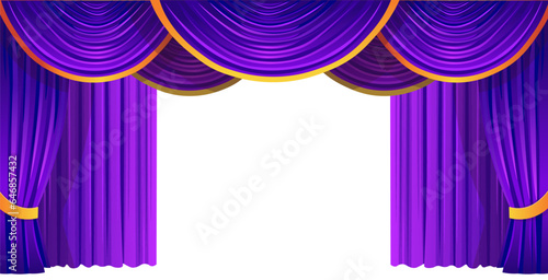 Violet theater curtains. Colored curtains with lambrequin. Vector.
