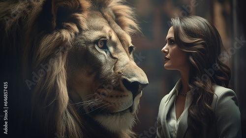 Business Woman and and old lion, face to face photo