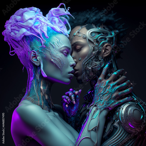 Two robots make love, modern technology. Light background.