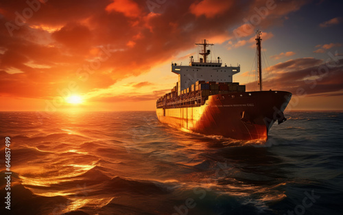 Point of view of cargo ship sailing into sunset. Orange skies, clouds.Golden hour concept.