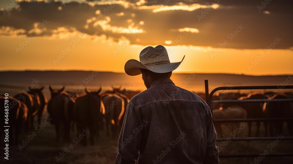 AI generated illustration of a man silhouetted against a fiery sunset, observing a herd of cattle