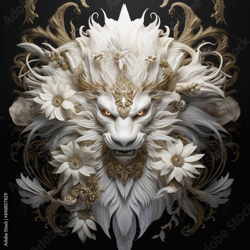 AI generated illustration of a majestic lion head with a vibrant array of white flowers