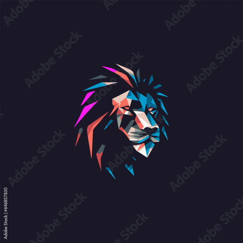 Colorful polygonal lion head mascot logo, abstract geometric animal king portrait in modern futuristic style with luminous colors. Versatile brand symbol for modern tech companies. Vector logo.