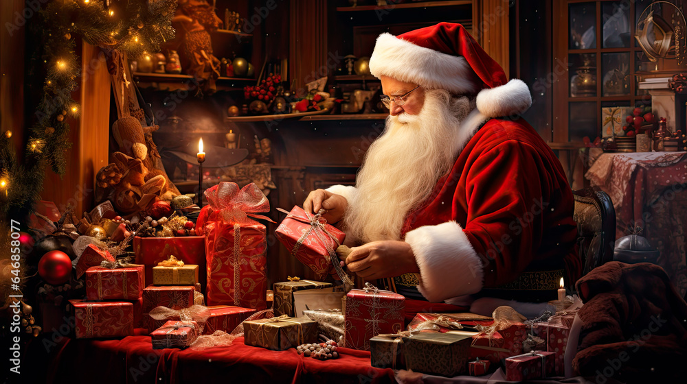 Santa Claus preparing gifts at home for Christmas