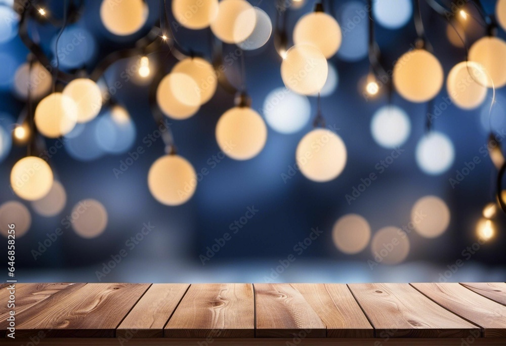AI generated illustration of a wooden table for a product display against bokeh lights