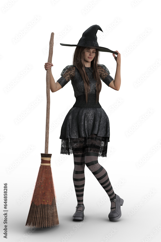 Cute young fairy tale witch standing in black costume holding a broomstick. Isolated 3D illustration. Cute young fairy tale witch standing in black costume holding a broomstick. Isolated 3D illustration.