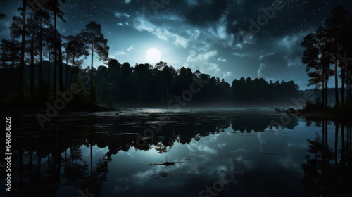 Views of beautiful lake at night. Moon reflection on crystal clear waters.