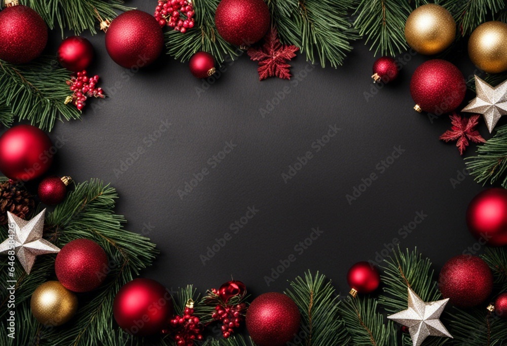 AI generated illustration of a Christmas frame with red decorations against a black background AI generated illustration of a Christmas frame with red decorations against a black background