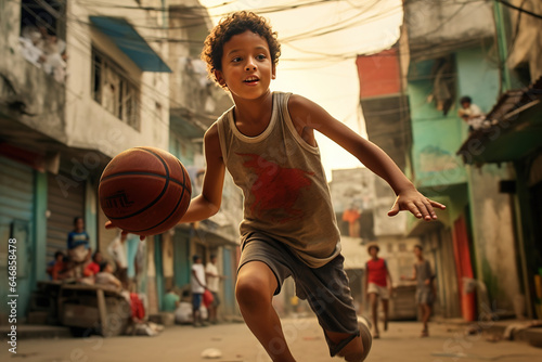 A boy practices his basketball skills