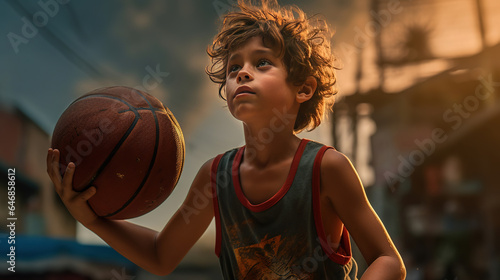 A boy practices his basketball skills