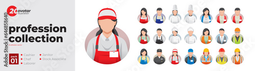 Profession collection profile picture avatar icons. Set of illustrations of men and women in various professions. Cashier, Chef, Laborer, Janitor, Stock Associate. Flat style vector design