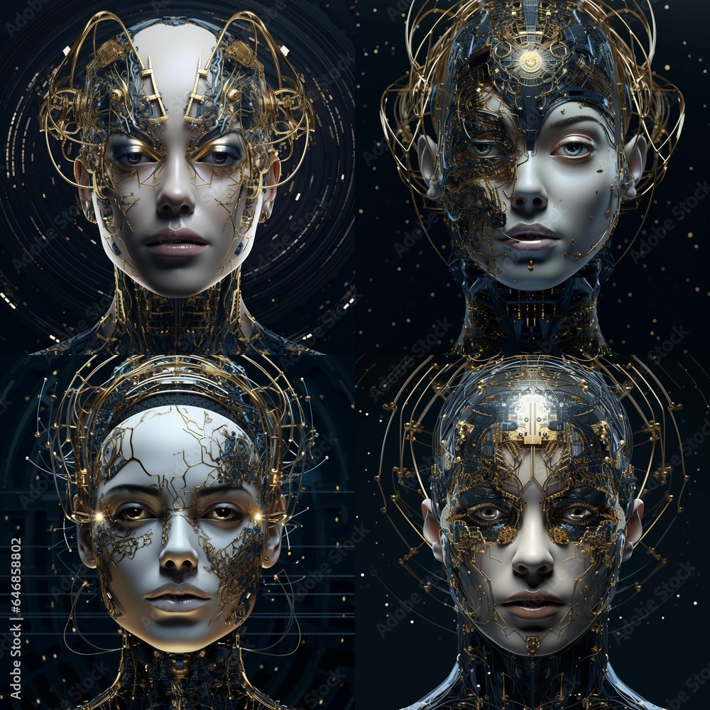 AI generated illustration of a series of four images of a female wearing futuristic headgear, AI generated illustration of a series of four images of a female wearing futuristic headgear,