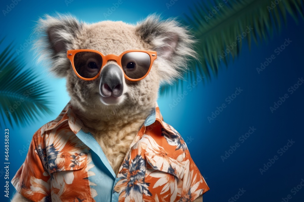 Portrait of koala in a Hawaiian shirt with glasses isolated on a pastel blue background with palm leaves