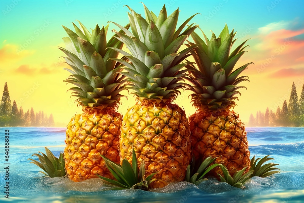 a cluster of sweet yellow pineapples, emphasizing their spiky crown and tropical appeal a cluster of sweet yellow pineapples, emphasizing their spiky crown and tropical appeal