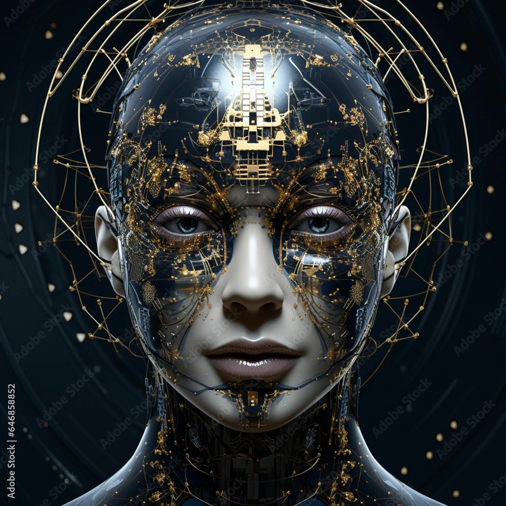 AI generated illustration of a female wearing a futuristic headgear, posed against a dark background AI generated illustration of a female wearing a futuristic headgear, posed against a dark background